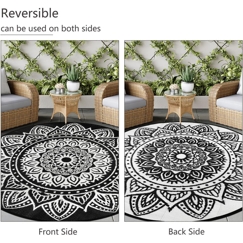 Round Outdoor Patio Rugs 5Ft Black and White Reversible Plastic Straw Rug with Carry Bag Lightweight Waterproof Camping Mat for Outdoor Porch Deck Backyard