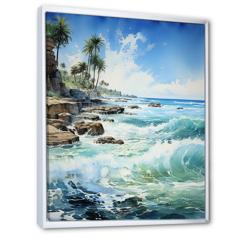 «Azure Seascape Palms Horizon II», reproduction sur toile, Cadre flottant blanc, H 20 po x l 12 po x P 1 po