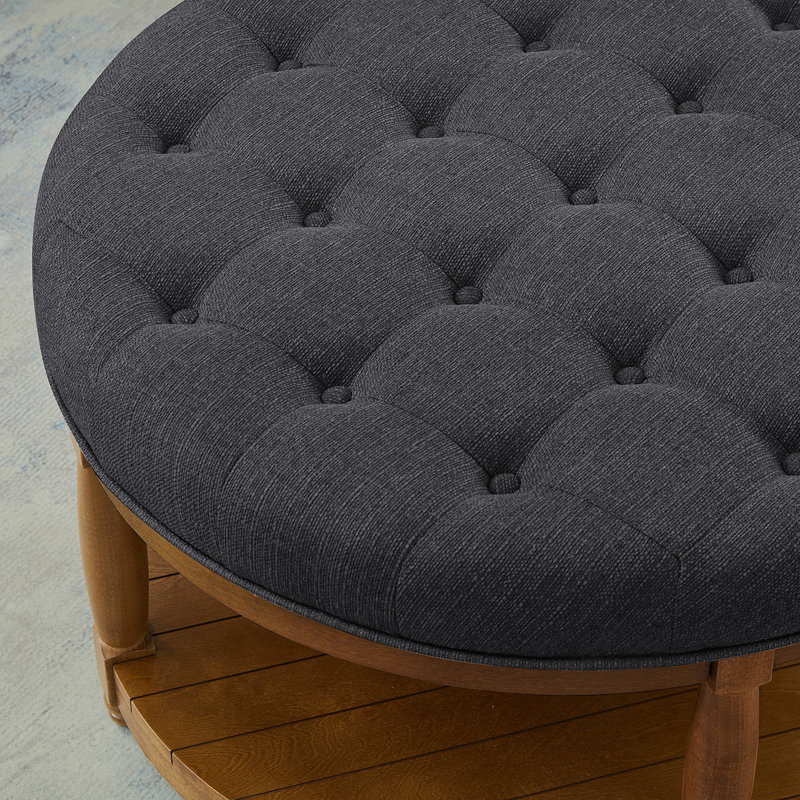 Grande table basse ronde avec repose-pieds rembourré en lin capitonné, grand repose-pieds avec tablette en bois massif - gris anthracite