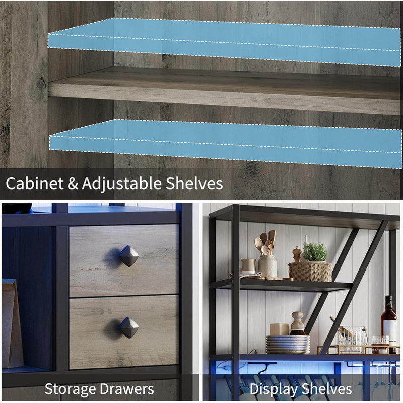 Wine Bar Cabinet with LED Lights & Power Outlets - Coffee Bar Station with Wine Rack for Kitchen Living Room, Gray