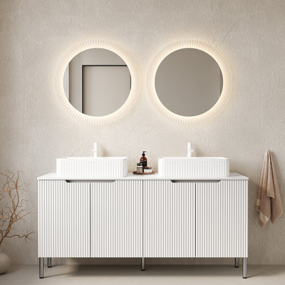 TURIO 60" Bathroom Vanity With Sinks, Freestanding Bathroom Storage Cabinet With 4 Doors, 2 White Striped Rectangular Ceramic Basins And Carrara Counter Top, No Faucet,