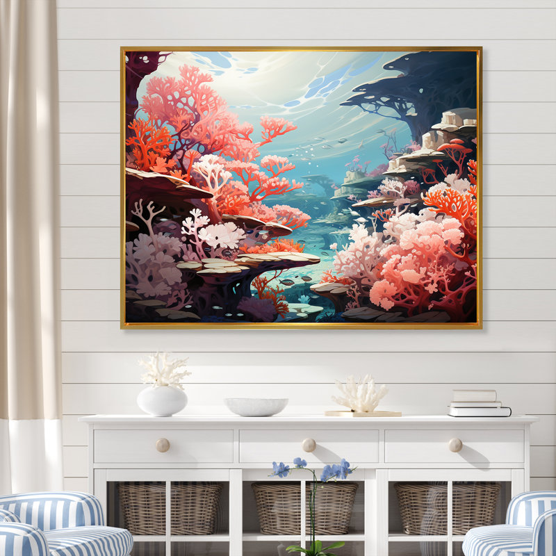 Aqua Serenade sous l'eau Corail IV - Imprimé, Cadre flottant doré, H 30 po x l 40 po x P 1,5 po