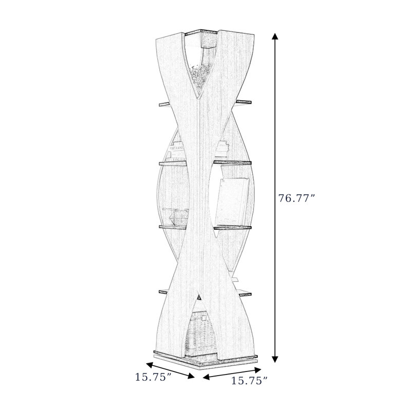 Bibliothèque rotative en bois massif noyer, (5 tablettes) H 76,77 po x l 15,75 po x P 15,75 po, Noyer