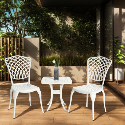 Mobilier de patio en aluminium coulé antirouille 3 pièces - 2 chaises et 1 table en blanc pour l'extérieur, design classique de porche, patio rond facile à assembler, jardin sans effort