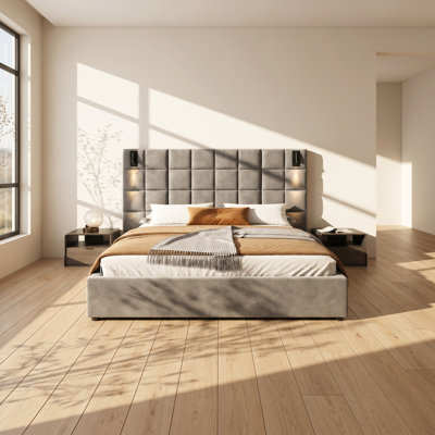 Christopher Knight Home 80.7" W x 85.4" D x 46.1" H Queen Upholstered Bed with Built-in Reading Sconces and USB Ports