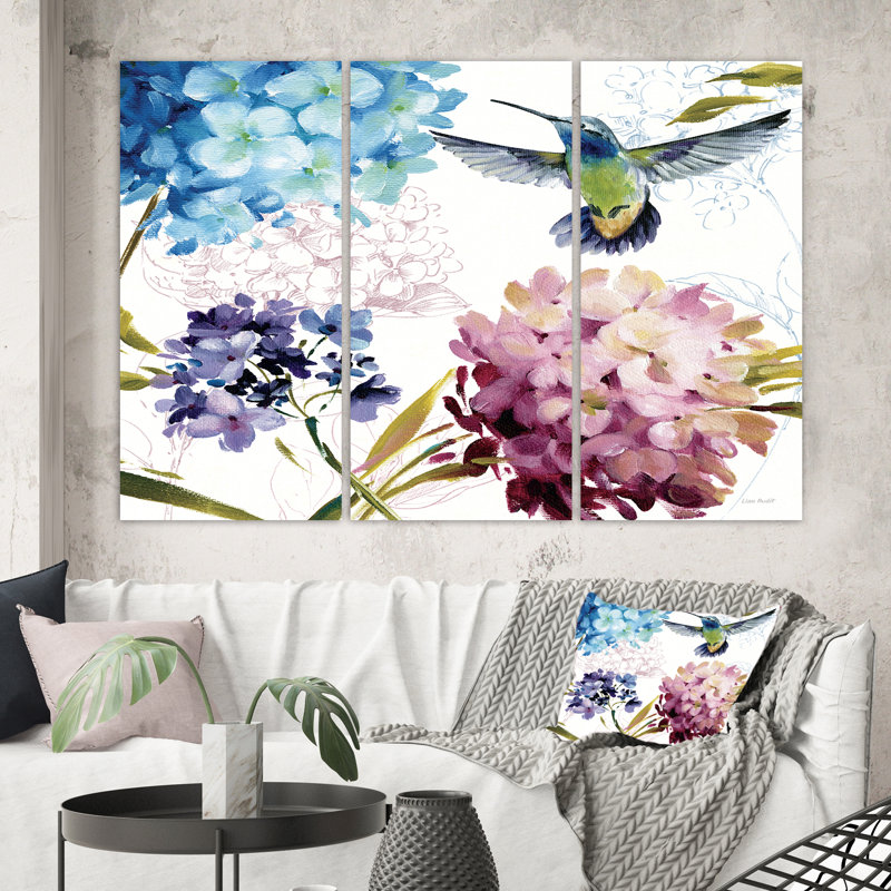 « humming oiseau blue floral », reproduction d’image à plusieurs pièces sur toile campagne, H 32 po x l 48 po x P 1 po