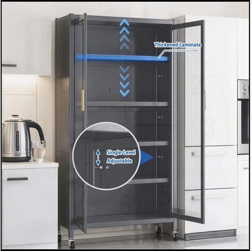 Armoire de rangement pour garde-manger de 65 pouces avec portes transparentes, tablettes réglables et roulettes pour faciliter le déplacement et l'organisation
