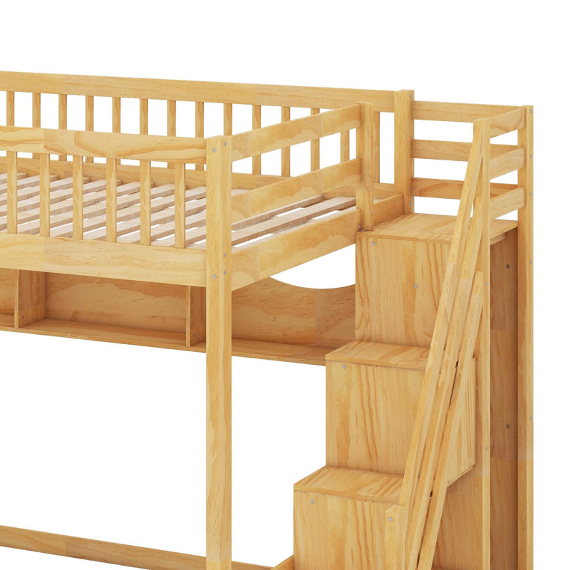Grand lit mezzanine en bois avec escalier et garde-robe, tablettes de rangement et espace sous le lit, Naturel