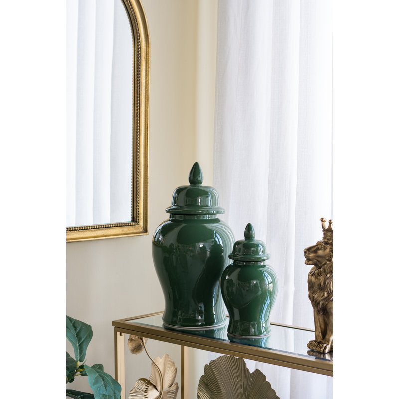 Classic Ceramic Ginger Jar With Glossy Finish And Finial Lid, 18.9" H x 9.4" W x 9.4" D, Green