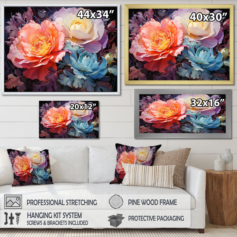 «Peony Petals Elegance I», reproduction sur toile, Cadre doré simple, H 34 po x l 44 po x P 1,5 po