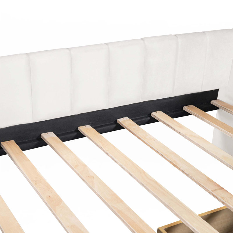 Lit de jour simple rembourré avec dossier ergonomique et 2 tiroirs, Beige