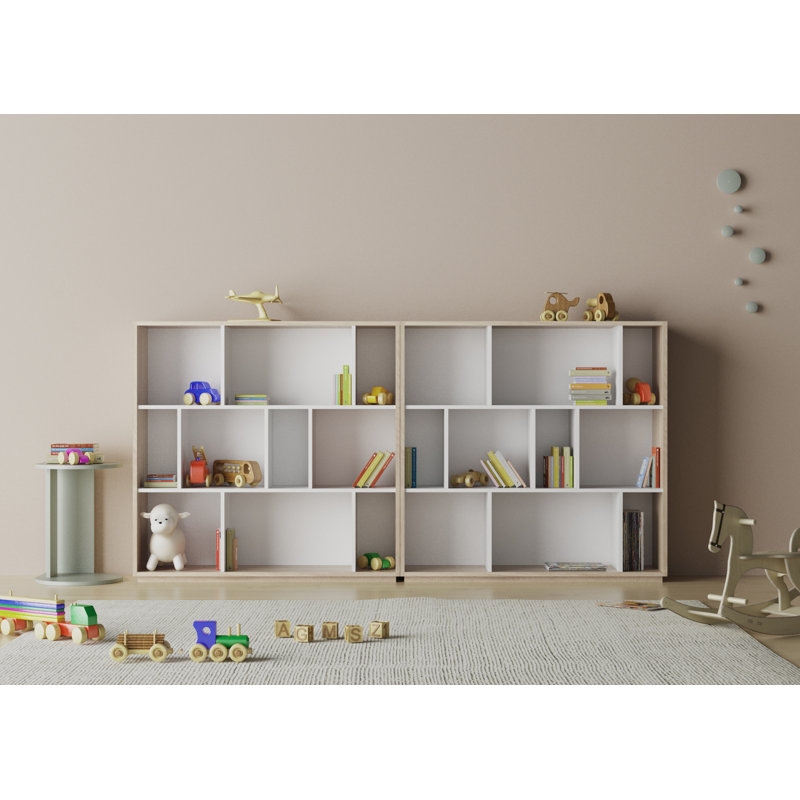 Geonna 117cm H x 111.5cm W Geometric Bookcase, Light Oak/White