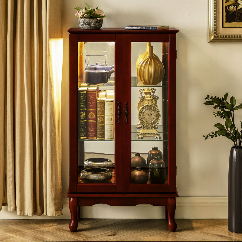 Curio Cabinet In Cherry With Mirrored Back And 50.06 Lbs Weight 3 Shelf Load-Bearing Capacity, Cherry