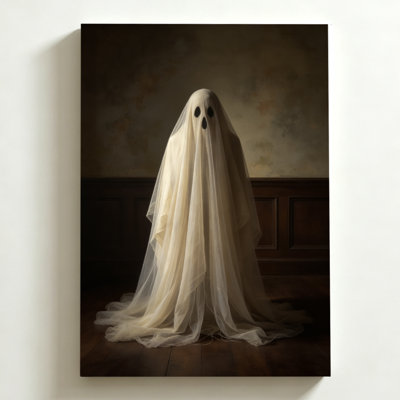 Halloween Canvas Wall Art 16"x24" Ghostly figure draped in white cloth, standing in dim room, Realistic Photographic Art Canvas Print. Modern Wall Decor for Bedroom, Living Room & Home Office