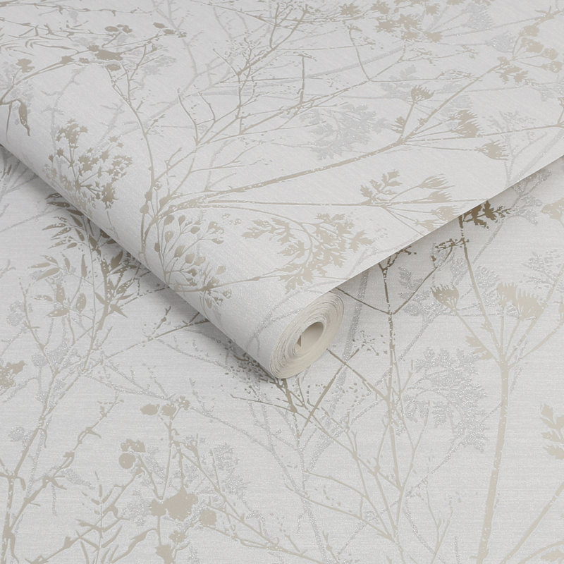 Floral Metallic Wallpaper Double Roll, Gray/Pale Gold