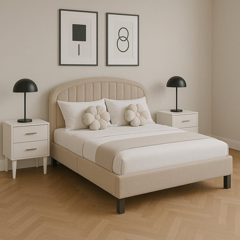 Aleighana Upholstered Bed Plush Bed Frame with Head Board, Double (137.5 cm x 205cm), Champagne
