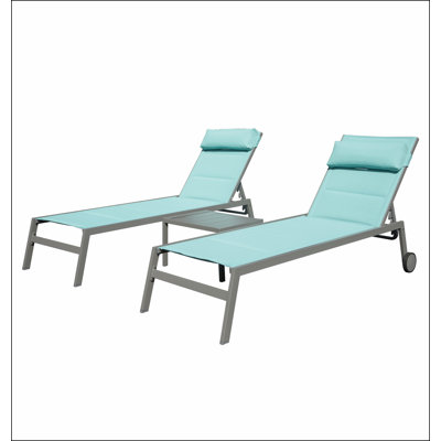 Outdoor Patio Chaise Lounge Set of 3, Aluminum Pool Lounge Chairs with and Wheels, PVC-coated polyester Padded Adjustable Recliner All Weather for Poolside, Beach, Yard, Balcony
