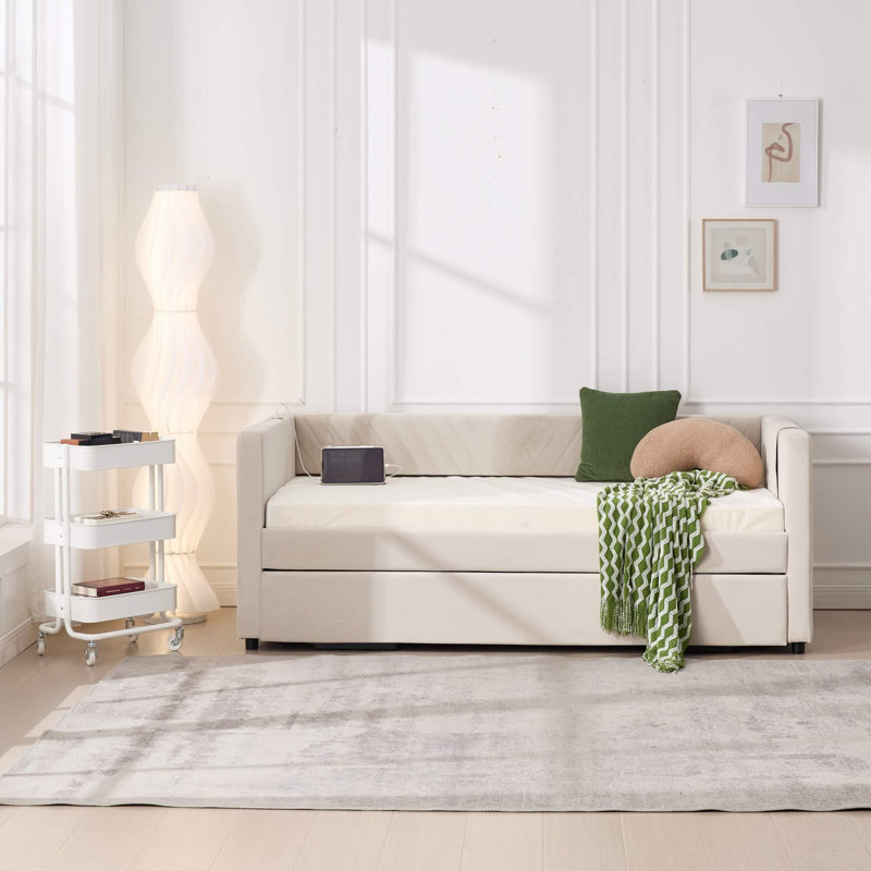 Lit de jour simple rembourré avec lit gigogne, port USB et poches latérales - dossier moderne en V, aucun sommier nécessaire