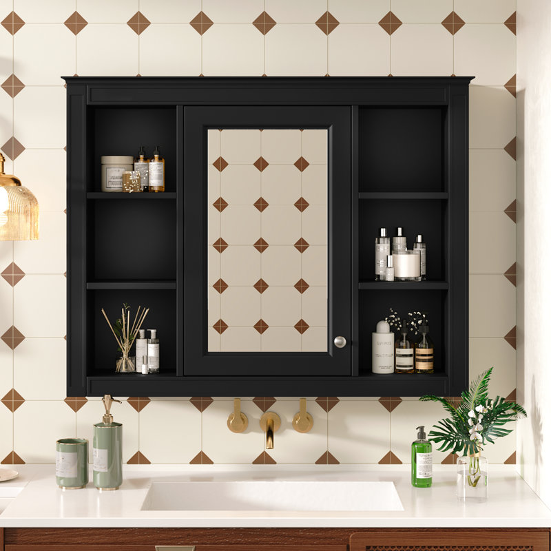 Modern Bathroom Cabinet With Mirror, 35''X27.5'', Finish, Black Wall Mounted Cabinet, Adjustable Storage, Board