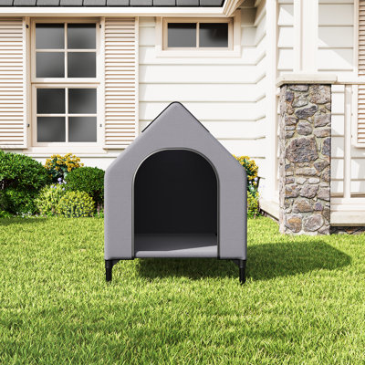 Gray Weatherproof Portable Dog House with 600D Oxford Canopy, Breathable Mesh Mat & 2 Top Windows, Elevated Medium Pet Tent Shelter for Indoor & Outdoor Use