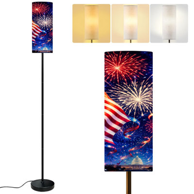  Lampe sur pied 68,5 po avec drapeaux américains avec feux d'artifice éclatants rouge blanc bleu nuit festive avec poteau en métal avec abat-jour en lin ampoule DEL incluse