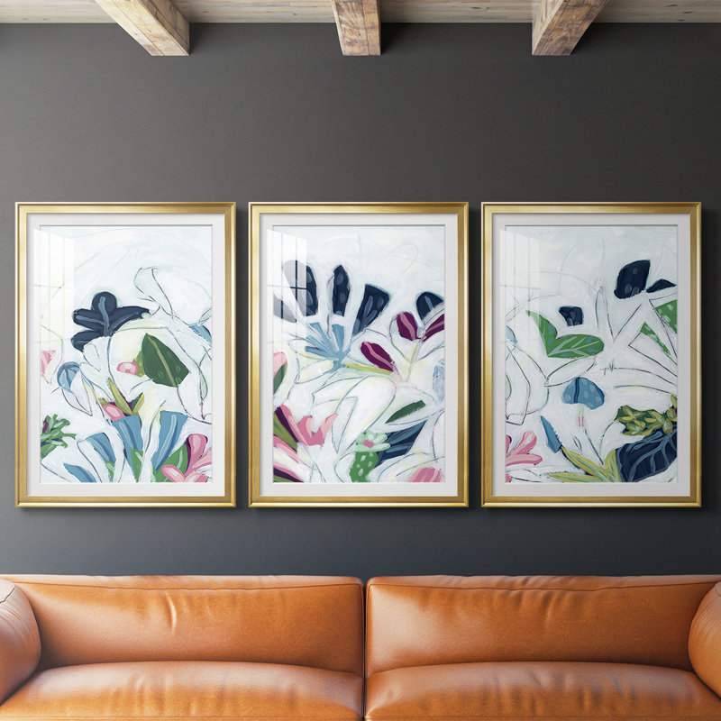 Trace tropicale III - reproduction encadrée sur mesure de qualité supérieure mate - 3 pièces, H 19 po x l 27 po, Doré
