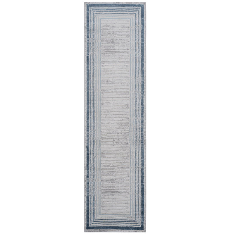 MARFI Collection Blue / Ivory Bordered Doormat Rug, Runner 2'2" x 8'
