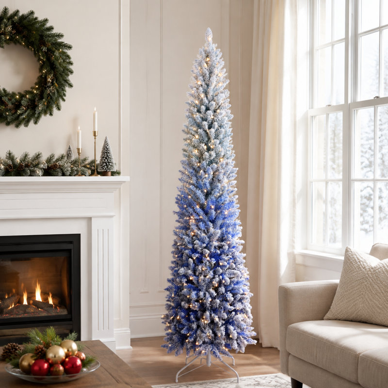 Sapin de Noël crayon bleu dégradé floqué de 2,13 m (7 pi) avec 300 lumières DEL blanc chaud, branches articulées et support en métal – Sapin pré-illuminé fin, 725 pointes