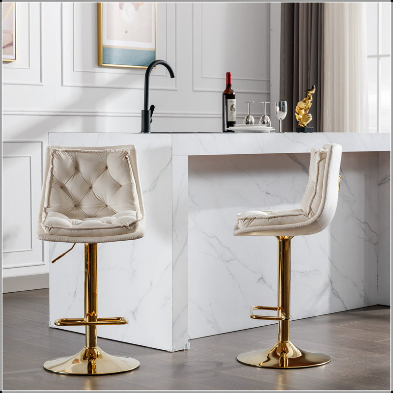 Ensemble de 2 tabourets de bar, avec repose-pieds chromé et base pivotante en velours à hauteur réglable et tabouret de bar simple Golden Leg