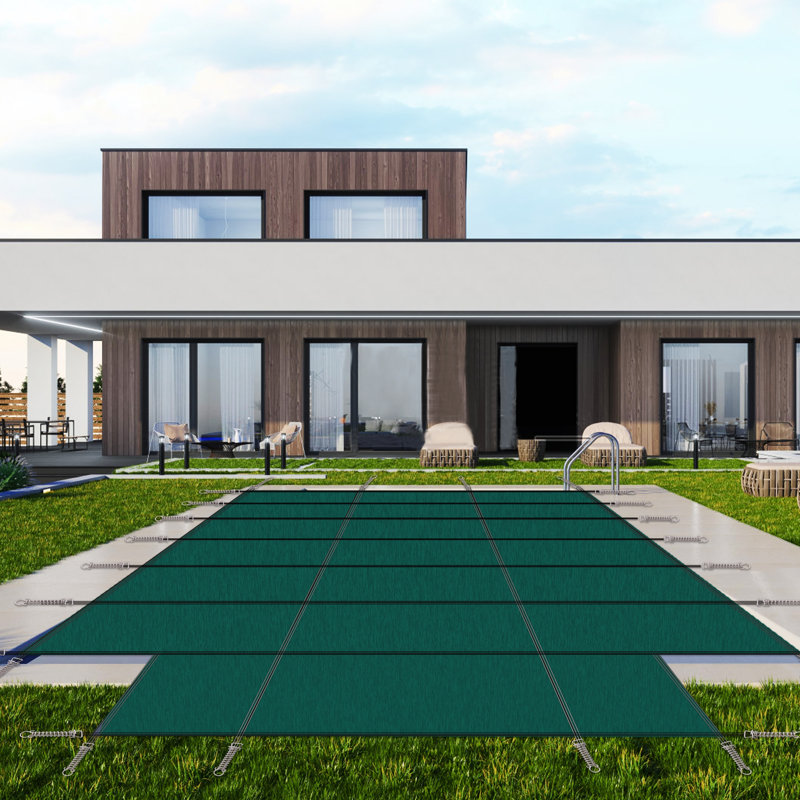 Couverture de sécurité rectangulaire pour piscine creusée Premium 16 x 32 pi avec marche 4 x 8 pi, filet vert, Vert