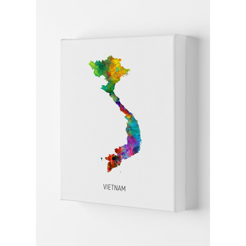Vietnam Watercolour Map by Michael Tompsett - Print, 59.4cm H x 42cm W x 4cm D, Wrapped Canvas
