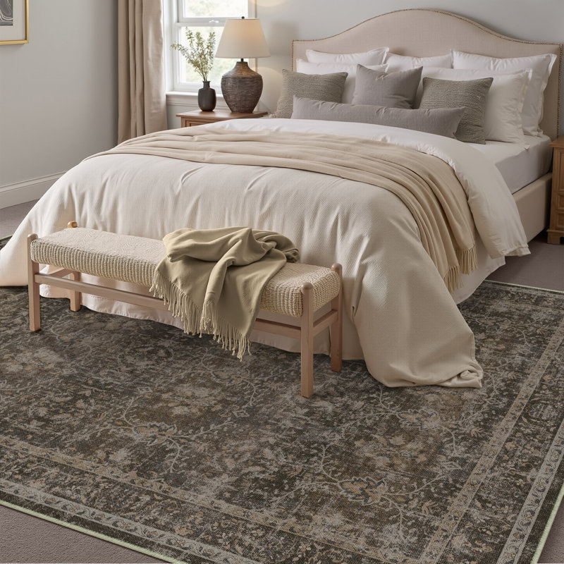 Vintage Floral Area Rug in Gray Brown, Rectangle 8' x 10'