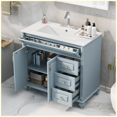 36" Blue Grey Solid Wood Bathroom Vanity with Sink | 3 Drawers + 2 Doors & Flip Drawer | Elegant MDF Bathroom Cabinet with Golden Metal Handles