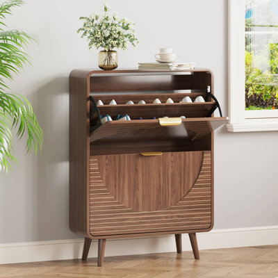 Wood Double-layer Drawer Shoe Cabinet, Enclosed Shoe Storage Unit with Fluted Drawers, 4 Legs and Anti-tipping Device, Suitable for Entryway, Hallway, Living Room