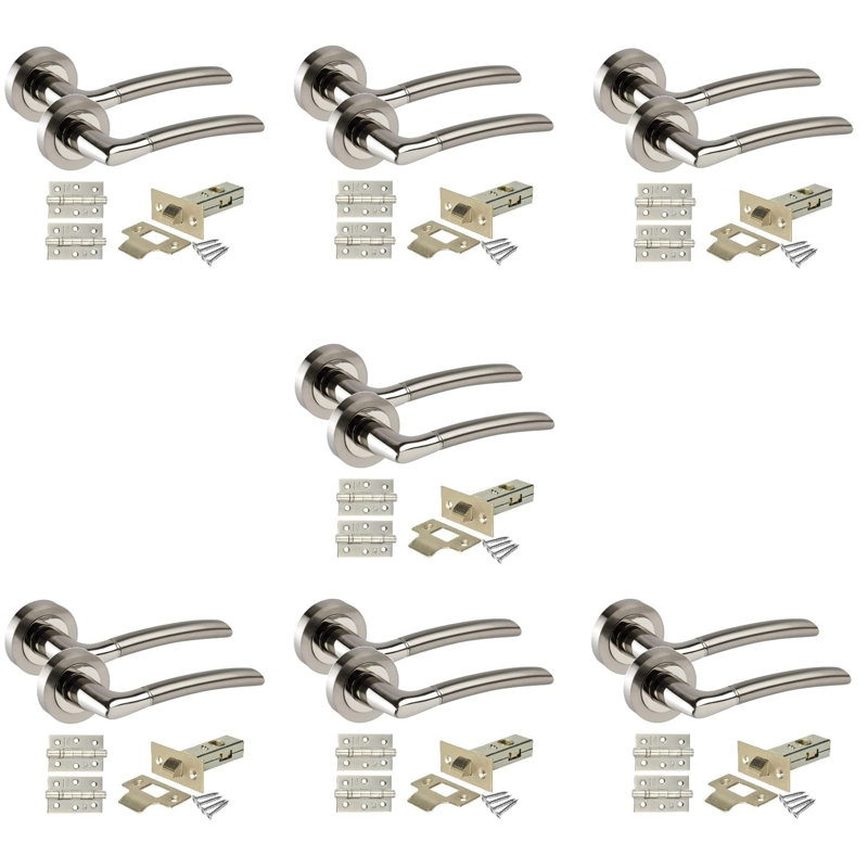  7 Pairs Indiana Style Modern Door Handles on Round Rose with Duo Chrome Finish with Ball Bearing Hinges and 64mm Tubular Latch