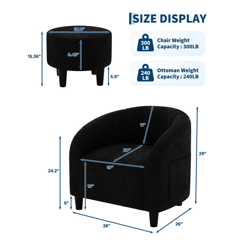 Ensemble de fauteuil demi-tonneau et de repose-pieds Modern Velvet Barrel, Noir