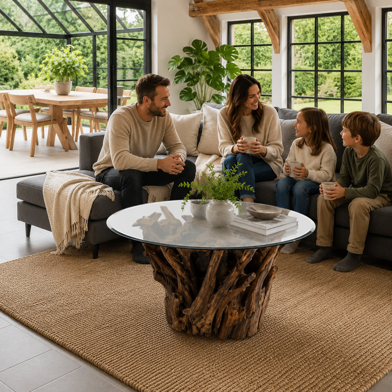 Modern Natural Wood Handcrafted Round Coffee Table Teak Root and Branch Design with Tempered Glass