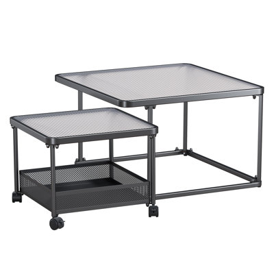 2-Piece Square Nesting Tables Set With Storage Basket And Tempered Glass Tops