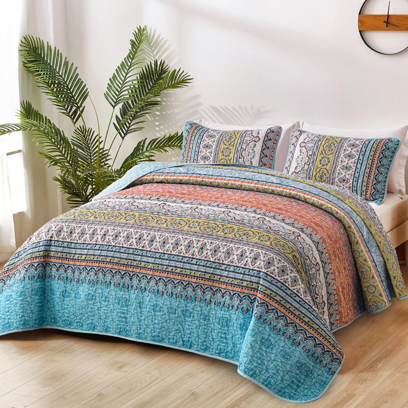Ensemble de 3 courtepointe Boho Bohemian, Courtepointe pour lit grand + deux taies décorati, Rose / bleu