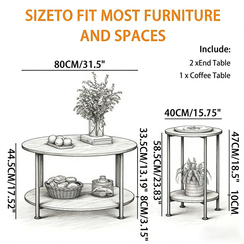 3-Piece Round Coffee Table And End Table Set, Rustic Brown Farmhouse Living Room Table Set With Storage Shelf, Modern Industrial Side Table Set For Apartment