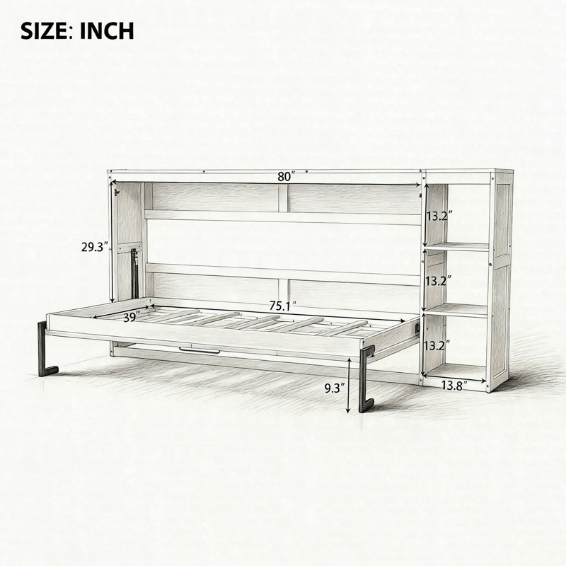 Lit escamotable simple avec rangement pour bibliothèque, armoire murale pliable peu encombrante avec tablettes ouvertes et surface de travail, aucun sommier tapissier requis