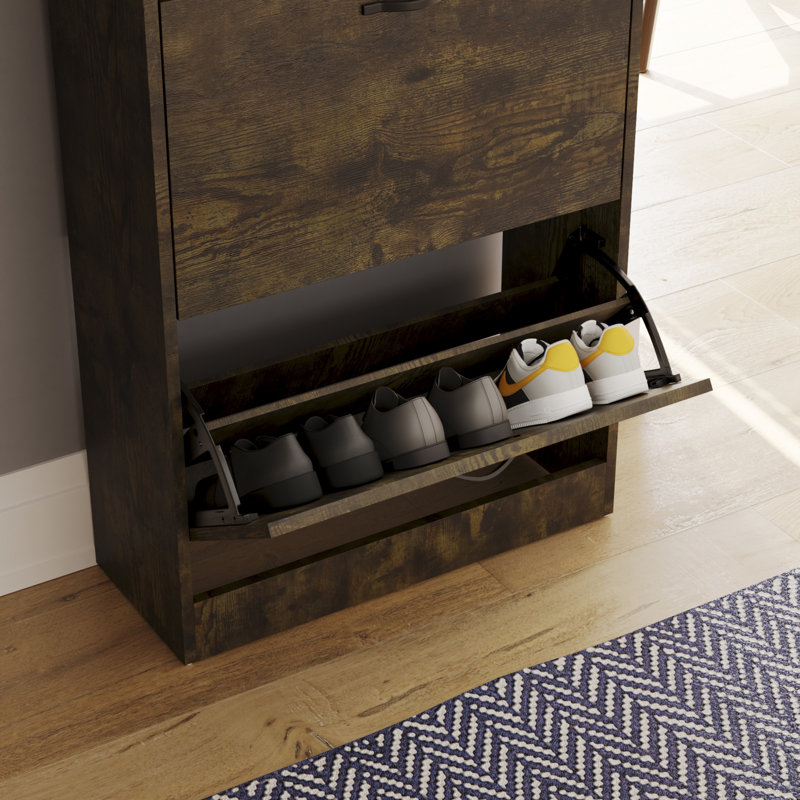 Vida 3 Drawer Flip Down Shoe Storage Free Standing Cabinet For Hallway, 118" H x 60" W x 24" D, Dark Wood