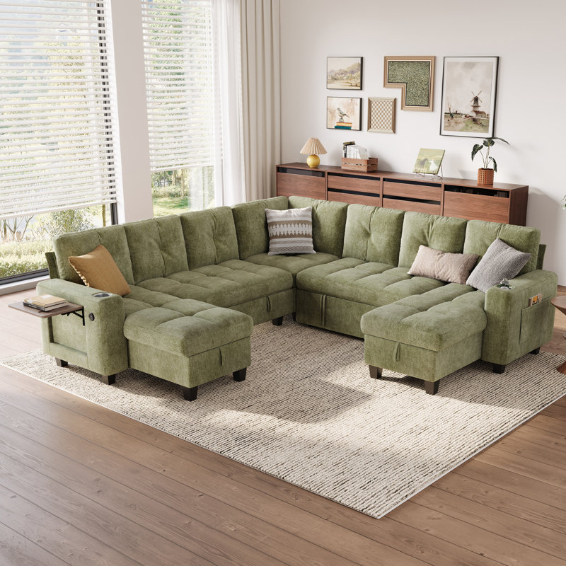 Canapé modulaire en coin capitonné avec canapé-lit, chaise de rangement et table d'appoint Benett, Chenille verte