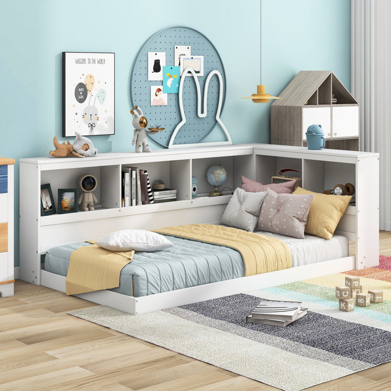 Lit de jour simple en bois blanc avec rangement de rechange et prises pour compartiments, finition, Blanc
