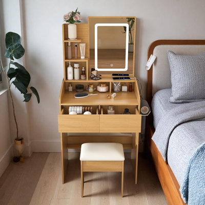 Coiffeuse de maquillage moyenne en bois avec miroir à DEL et 2 tiroirs	