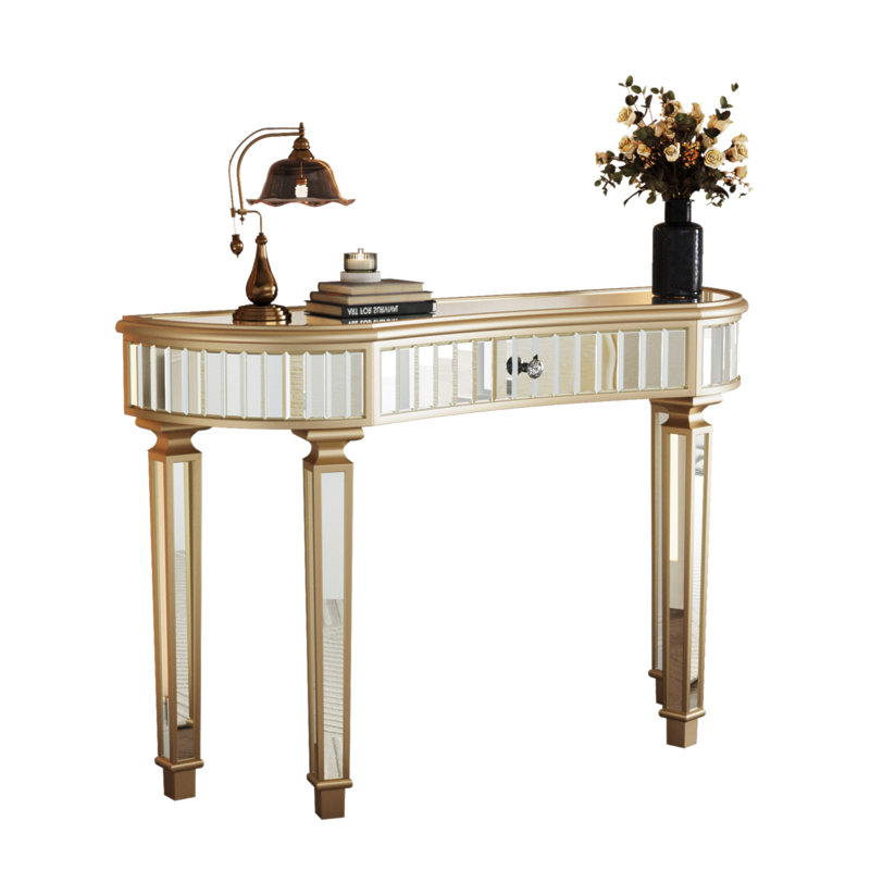 47" Half-Moon Mirrored Console Table With Fluted Glass & Crystal Knob Drawer - Silver Entryway Vanity Desk For Bedroom/Dressing Room(Gold+Sliver)