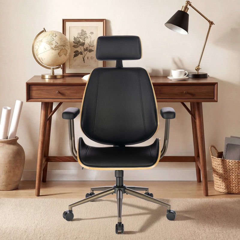 Fauteuil de bureau ergonomique en similicuir de style milieu du siècle et fauteuil de direction pivotant, Noir