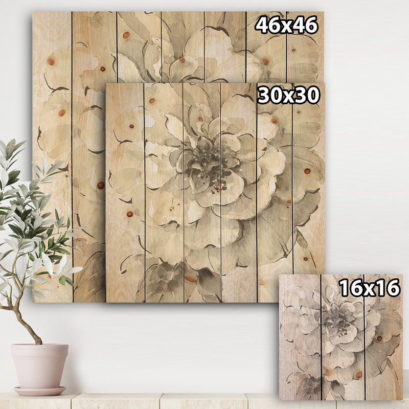 Indigold Grey Pivoines I - impression campagnarde sur bois de pin naturel, H 30 po x l 30 po x P 1,5 po