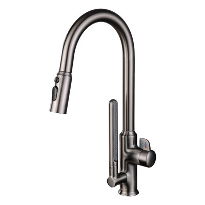 0ontZ Gunmetal Black Pull Down Kitchen Faucet with Rainfall & Stream 2 Spray Modes, Single Handle High Arc Solid Brass Kitchen Sink Faucet, Hot Cold Mixer Tap for Farmhouse Undermount Kitchen Sink