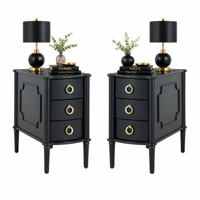 Set of 2 Mid-Century Modern Curved Nightstands, 3 Drawer Bedside Tables with Solid Wood Legs & Gold Ring Pull Handles, Vintage Bedroom Storage Night Stands Set